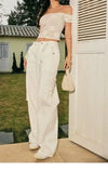 ITSNIKAR Babes High Waist Stereo Pocket Straight Cargo Pants Women's Elasticated Waist Casual Drap Wide Leg Pants