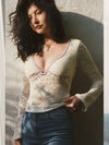 ITSNIKAR French Gentle Pure Desire Cut-out Lace Crochet Long Sleeve Temperament Sexy Stretch Slim V-Neck Top