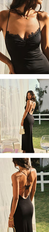 French beautiful lace slip dress, summer design sense to wear a unique hot girl temperament, backless mom long dress