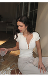 ITSNIKAR Pearl Henry French Sexy Short Sleeve T-Shirt Women's Slim One-Shoulder Cropped Knitted Off-the-Shoulder Top (Copy)
