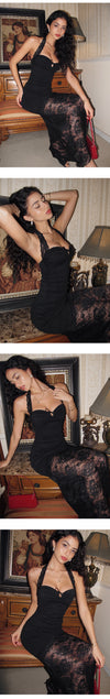 ITSNIKAR [Rome Midnight] black rose lace dress feminine halterneck slip dress dress skirt