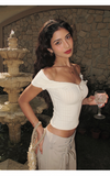 ITSNIKAR Pearl Henry French Sexy Short Sleeve T-Shirt Women's Slim One-Shoulder Cropped Knitted Off-the-Shoulder Top (Copy)