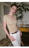 ITSNIKAR Sexy V-Neck Slim Slim Short Sleeve T-Shirt Women's Summer Lazy Stretch Waist Knit Top