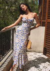 French resort style blue butterfly dress women's summer floral sundress waist and hip length skirt