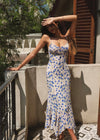 French resort style blue butterfly dress women's summer floral sundress waist and hip length skirt