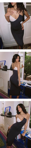 ITSNIKAR lace stitched slip dress women's spring/summer sexy slim wrap skirt V-neck design long skirt