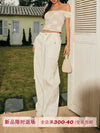 ITSNIKAR Babes High Waist Stereo Pocket Straight Cargo Pants Women's Elasticated Waist Casual Drap Wide Leg Pants