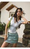 ITSNIKAR Sexy V-Neck Slim Slim Short Sleeve T-Shirt Women's Summer Lazy Stretch Waist Knit Top