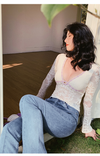 ITSNIKAR French Gentle Pure Desire Cut-out Lace Crochet Long Sleeve Temperament Sexy Stretch Slim V-Neck Top