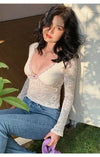 ITSNIKAR French Gentle Pure Desire Cut-out Lace Crochet Long Sleeve Temperament Sexy Stretch Slim V-Neck Top