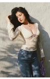 ITSNIKAR French Gentle Pure Desire Cut-out Lace Crochet Long Sleeve Temperament Sexy Stretch Slim V-Neck Top