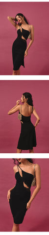 ITSNIKAR Hepburn Slant Shoulder Slip Dress Women's Summer Black Cut-out Lace Panel Hip Wrap Midi Skirt