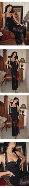 ITSNIKAR [Rome Midnight] black rose lace dress feminine halterneck slip dress dress skirt