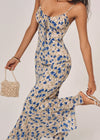 French resort style blue butterfly dress women's summer floral sundress waist and hip length skirt