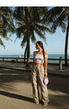 ITSNIKAR Babes High Waist Stereo Pocket Straight Cargo Pants Women's Elasticated Waist Casual Drap Wide Leg Pants