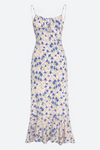 French resort style blue butterfly dress women's summer floral sundress waist and hip length skirt