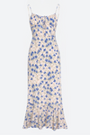 French resort style blue butterfly dress women's summer floral sundress waist and hip length skirt