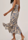French resort style blue butterfly dress women's summer floral sundress waist and hip length skirt
