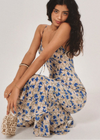 French resort style blue butterfly dress women's summer floral sundress waist and hip length skirt