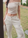 ITSNIKAR Babes High Waist Stereo Pocket Straight Cargo Pants Women's Elasticated Waist Casual Drap Wide Leg Pants
